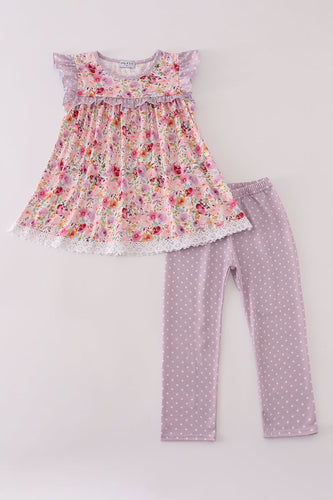Purple floral print ruffle pants set - ARIA KIDS