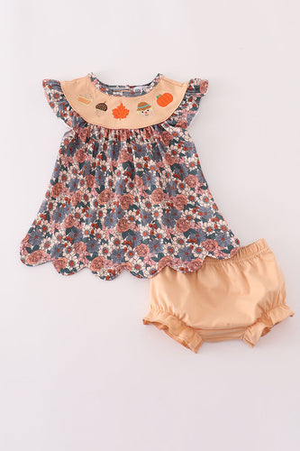 Fall floral print pumpkin embroidery bloomer set - ARIA KIDS