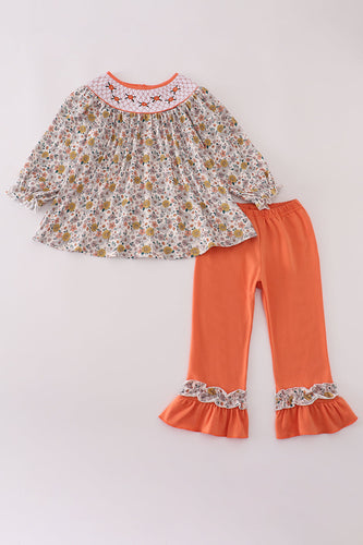 Floral embroidery smocked ruffle pants set - ARIA KIDS