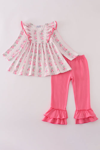 Pink floral print ruffle pants set - ARIA KIDS