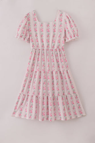 Pink floral print tiered mom dress - ARIA KIDS