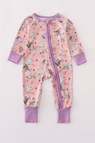 Purple floral print bamboo pajamas romper - ARIA KIDS
