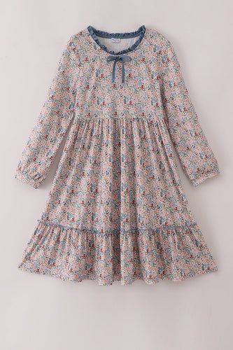 Blue floral print ruffle mom dress - ARIA KIDS