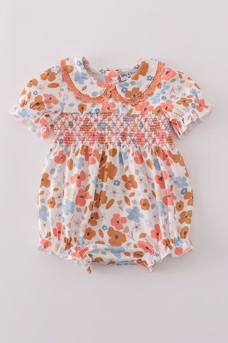 Floral print smocked ruffle bubble - ARIA KIDS