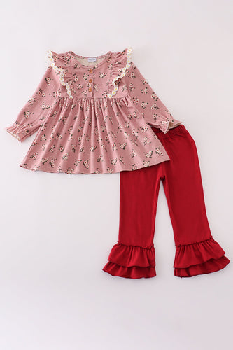 Floral corduroy lace ruffle pants set - ARIA KIDS