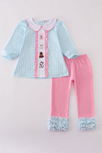 Blue farm embroidery gingham ruffle pants set - ARIA KIDS