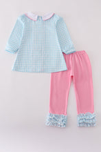 Blue farm embroidery gingham ruffle pants set - ARIA KIDS