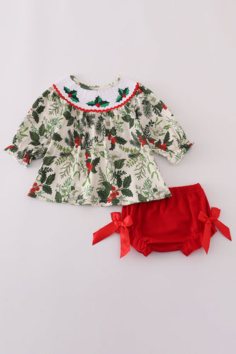 Green holly floral smocked bow bloomer set - ARIA KIDS