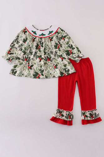 Green holly floral smocked ruffle pants set - ARIA KIDS