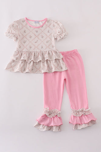 Pink floral print ruffle pants set - ARIA KIDS