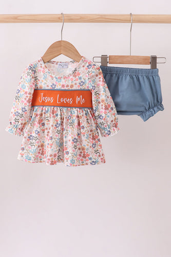 Jesus loves me embroidery floral print girl bloomers set - ARIA KIDS