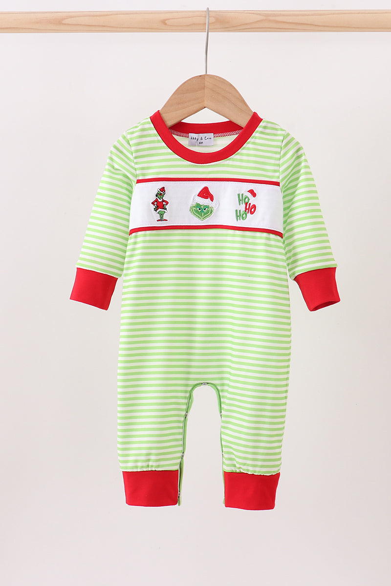 Green christmas grinch embroidery boy romper - ARIA KIDS
