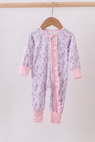 Pink floral bow duck bamboo ruffle zipper romper - ARIA KIDS