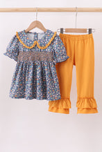 Navy floral smocked ruffle pants set - ARIA KIDS