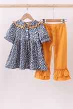 Navy floral smocked ruffle pants set - ARIA KIDS