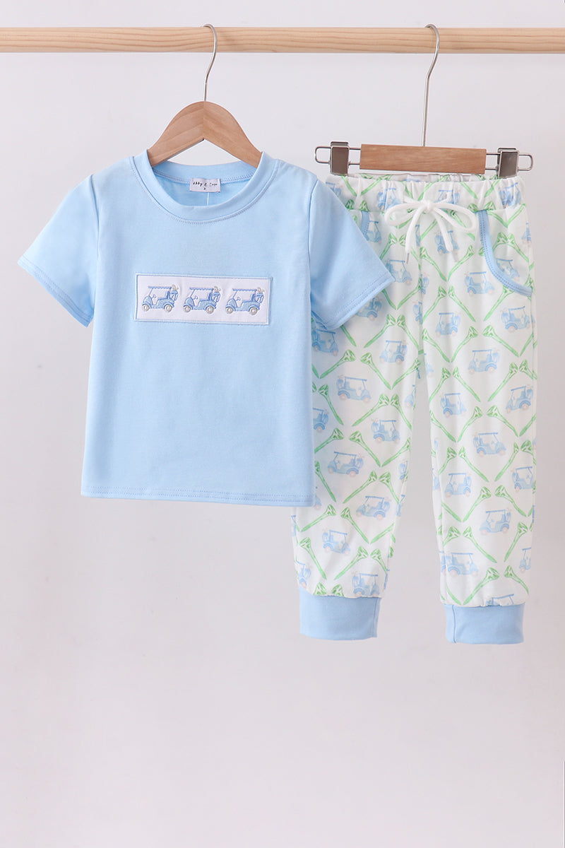 Blue golf cart embroidery pants set - ARIA KIDS