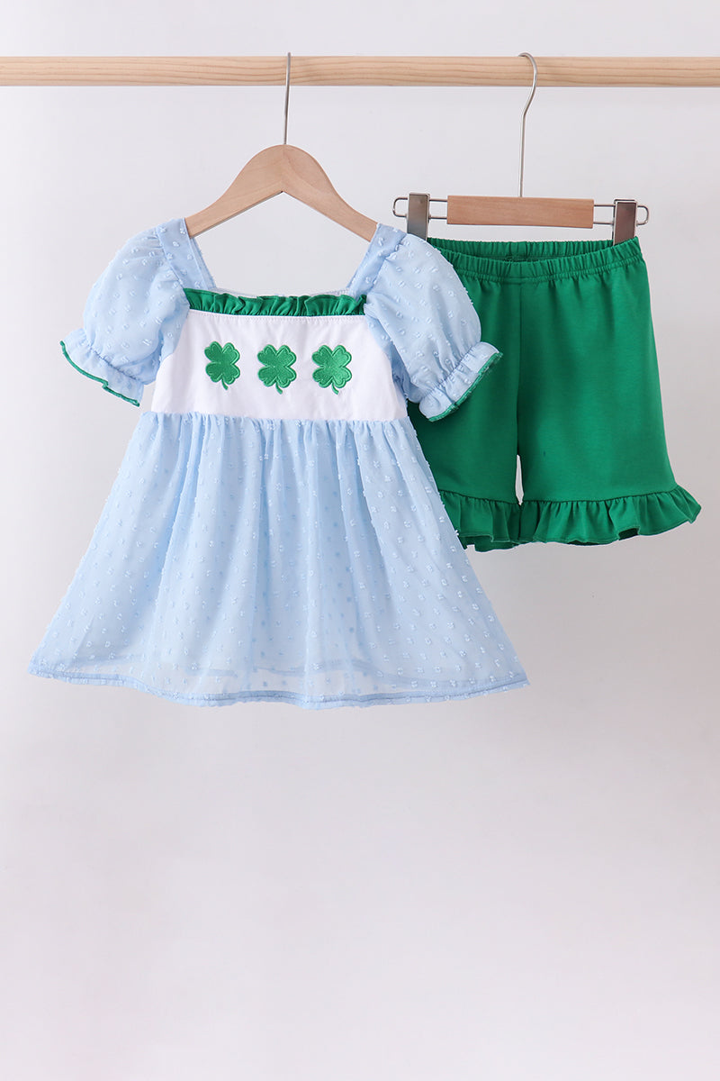 Blue clover embroidery swiss dot shorts set - ARIA KIDS