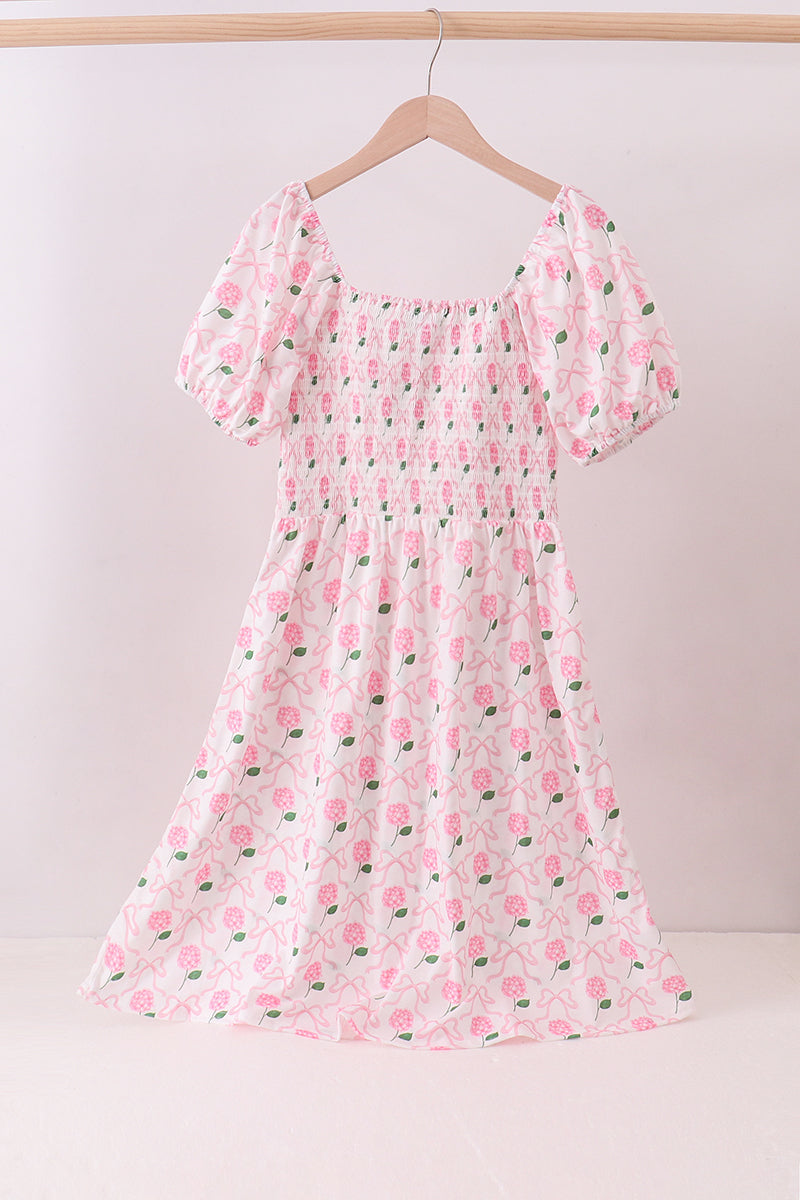 Pink bow hydrangea smocked women dress - ARIA KIDS