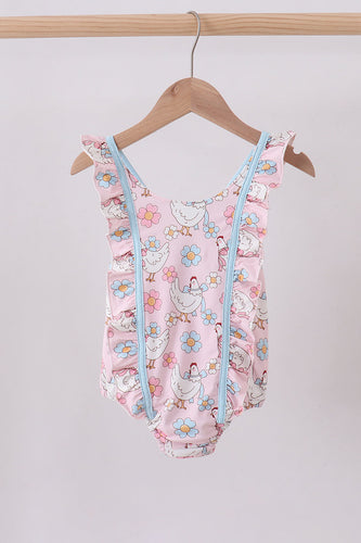 Pink chicken floral one-piece swimsuit - ARIA KIDS