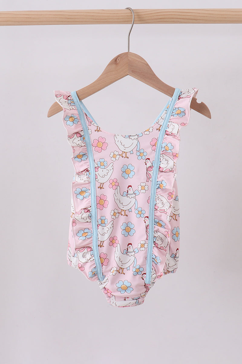 Pink chicken floral one-piece swimsuit - ARIA KIDS