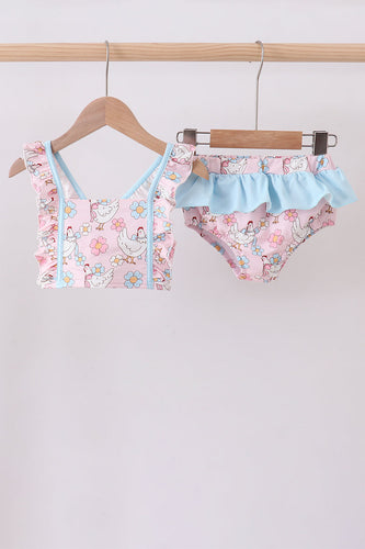 Pink chicken floral 2pcs ruffle swimsuit - ARIA KIDS