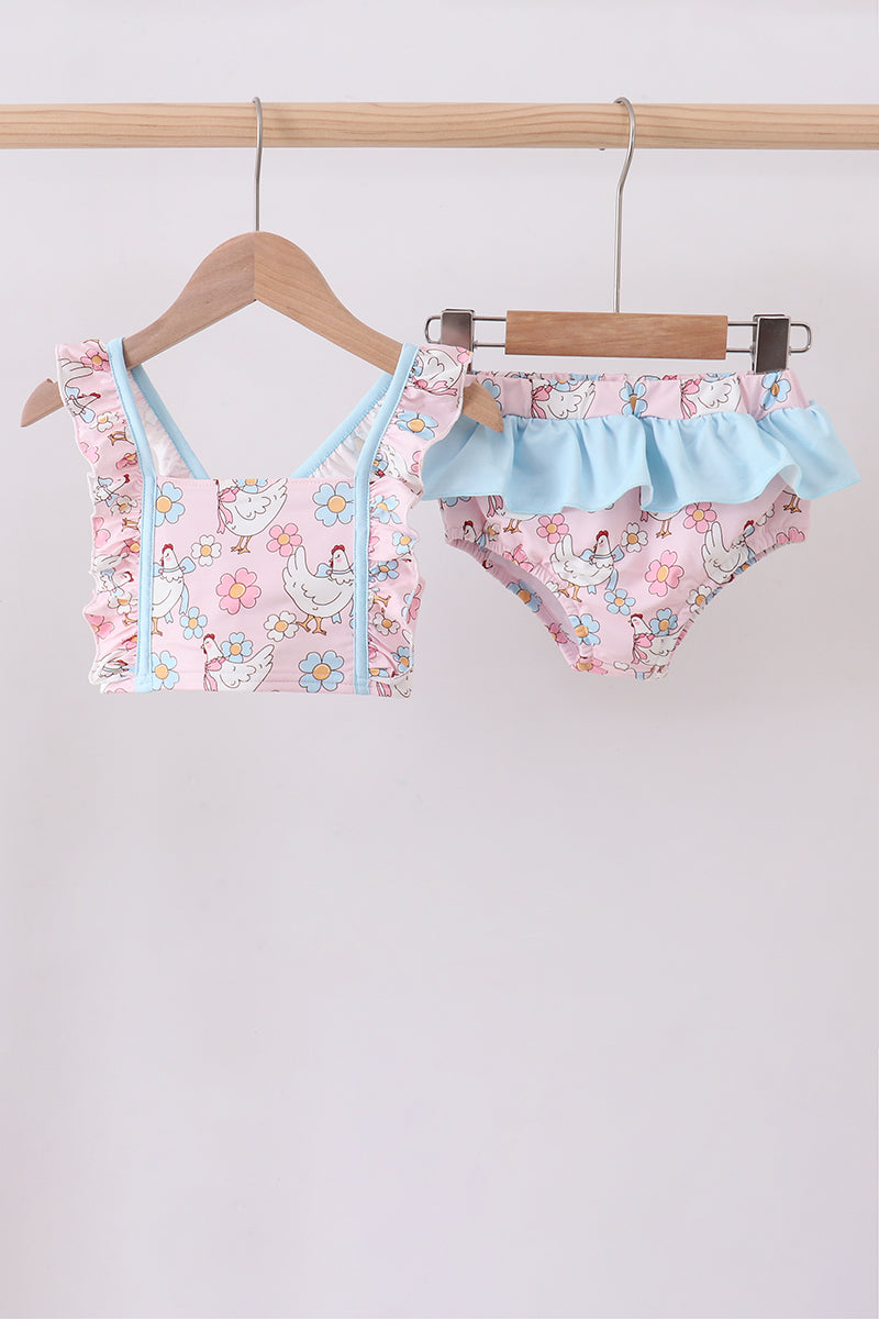 Pink chicken floral 2pcs ruffle swimsuit - ARIA KIDS