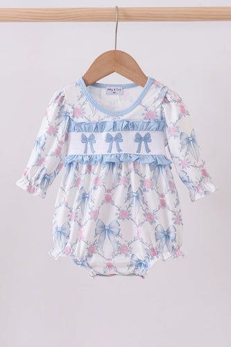 Blue bow floral smocked bubbe - ARIA KIDS
