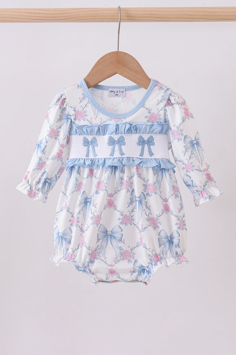 Blue bow floral smocked bubbe - ARIA KIDS