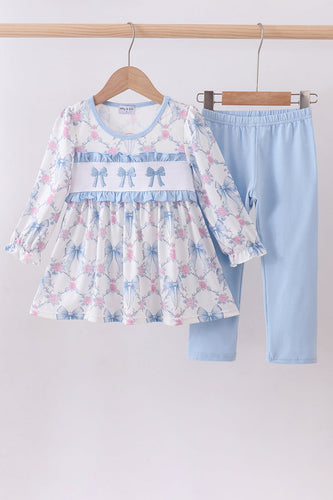 Blue bow floral smocked pants set - ARIA KIDS