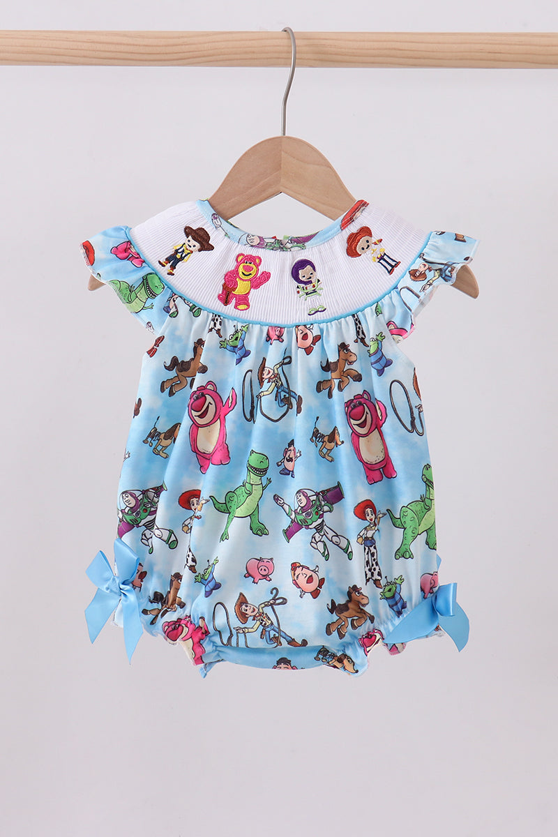 Blue character smocked ruffle bubble