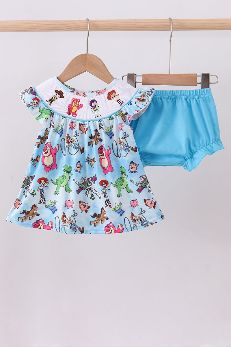 Blue character smocked ruffle bloomer set - ARIA KIDS