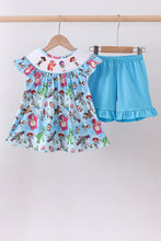 Blue character smocked ruffle shorts set - ARIA KIDS