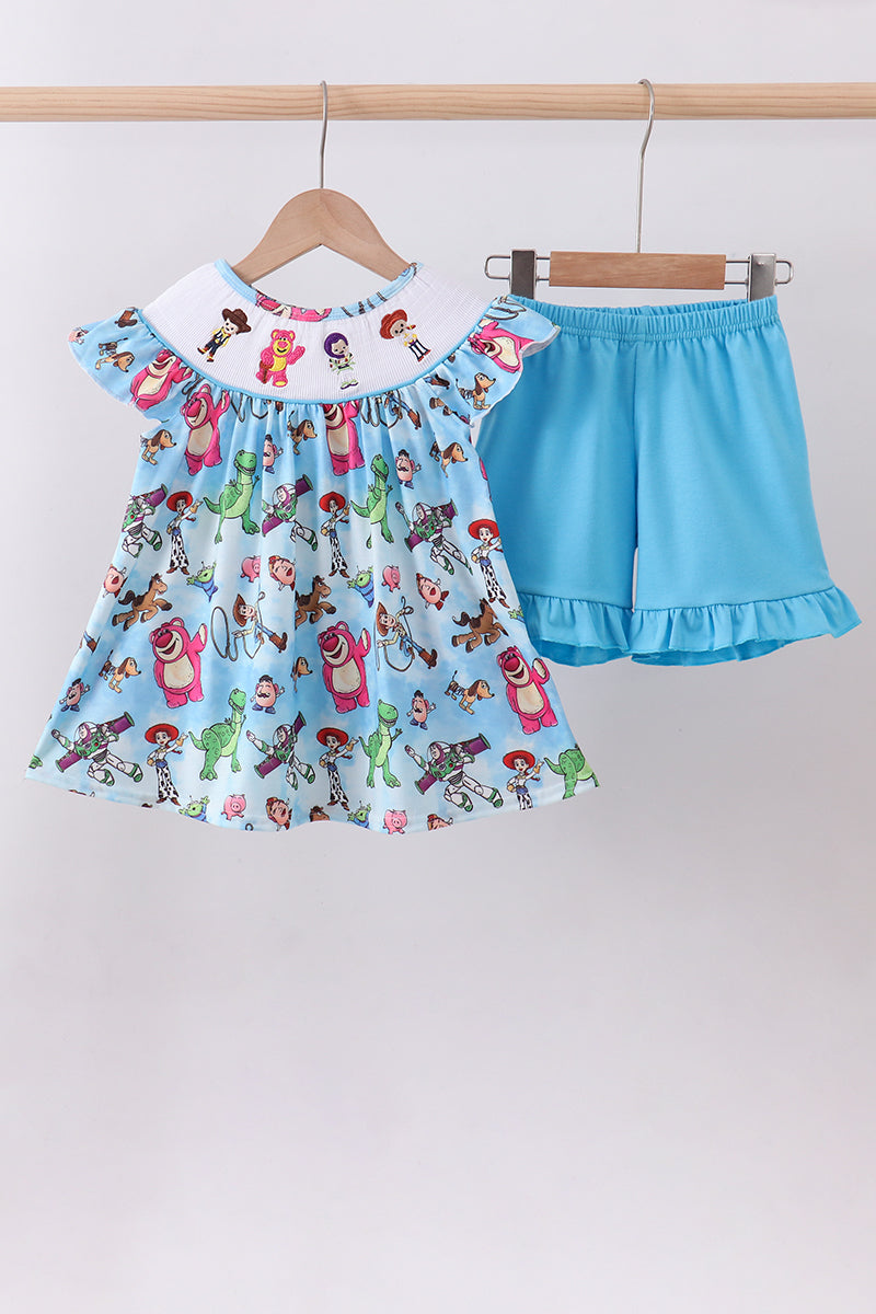 Blue character smocked ruffle shorts set - ARIA KIDS