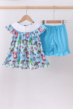Blue character smocked ruffle shorts set - ARIA KIDS