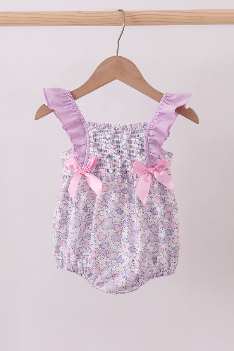 Purple floral smocked ruffle bubble