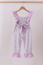 Purple floral smocked ruffle jumpsuit