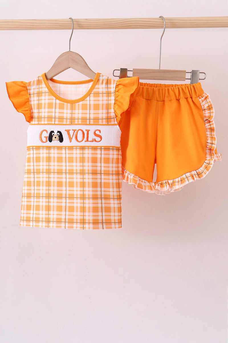 Tennessee Go vols smocked plaid ruffle shorts set - ARIA KIDS