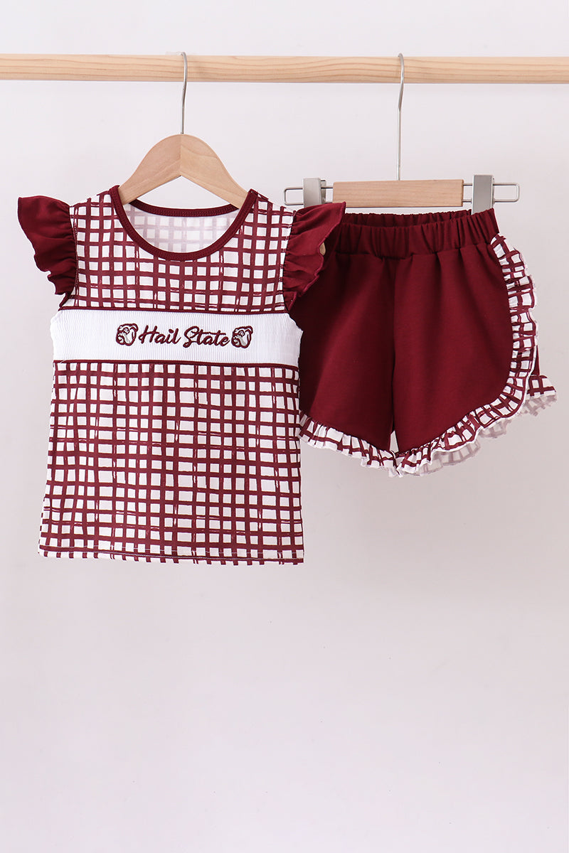 Mississippi Hail State smocked ruffle gingham shorts set - ARIA KIDS