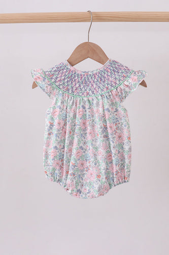 Green Floral Smocked Bubble - ARIA KIDS