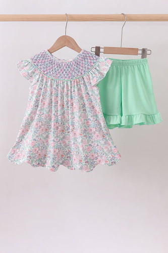 Green floral smocked ruffle shorts set - ARIA KIDS