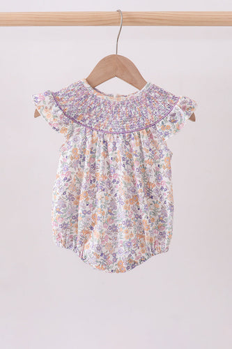 Purple Floral Smocked Ruffle Bubble - ARIA KIDS