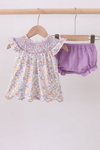 Purple floral smocked ruffle bloomer set - ARIA KIDS