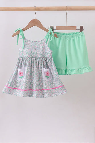 Green floral print ruffle shorts set - ARIA KIDS