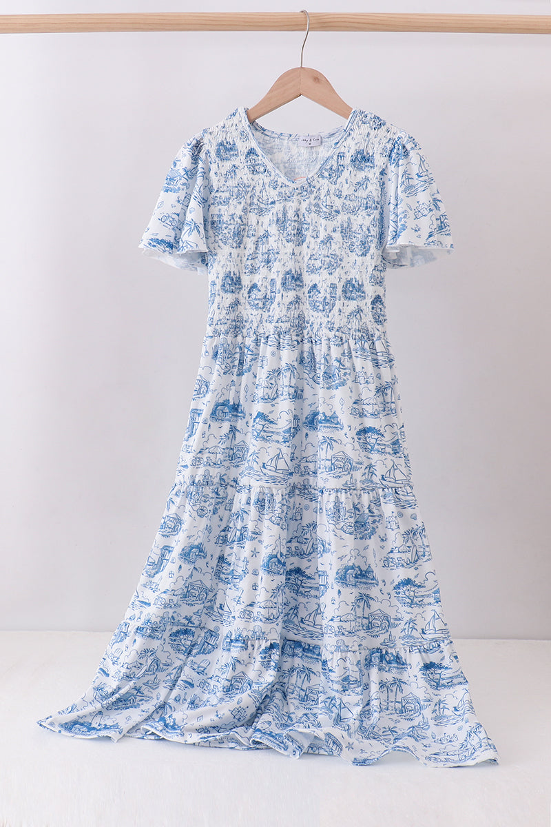 Blue beach sea smocked women dress - ARIA KIDS