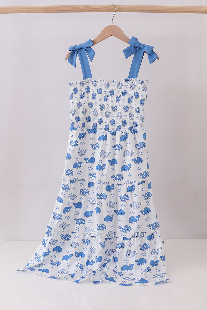 Blue whale smocked ruffle mom&me dress - ARIA KIDS