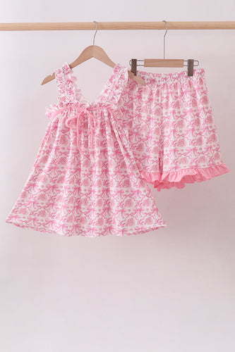 Pink floral print bow ruffle shorts set - ARIA KIDS