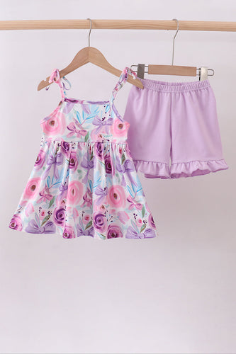 Purple floral print bow ruffle shorts set - ARIA KIDS