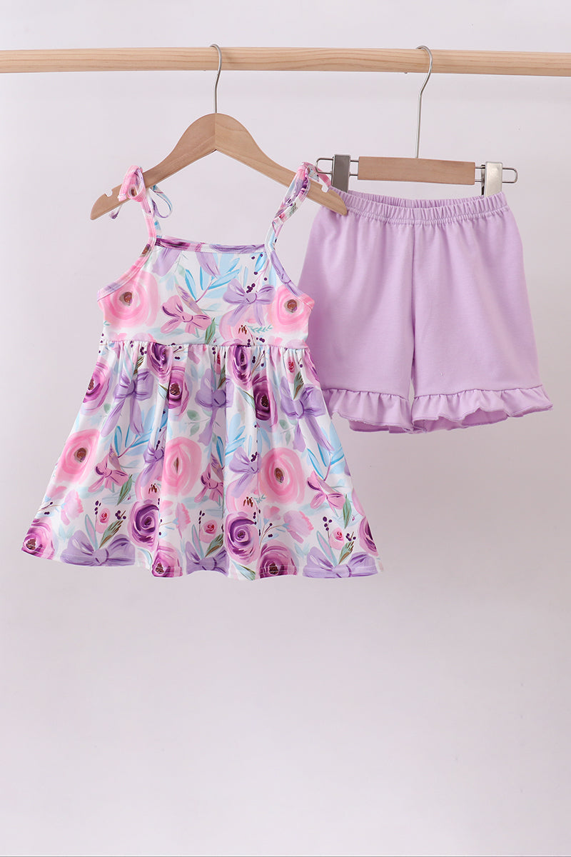 Purple floral print bow ruffle shorts set - ARIA KIDS