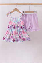 Purple floral print bow ruffle shorts set - ARIA KIDS