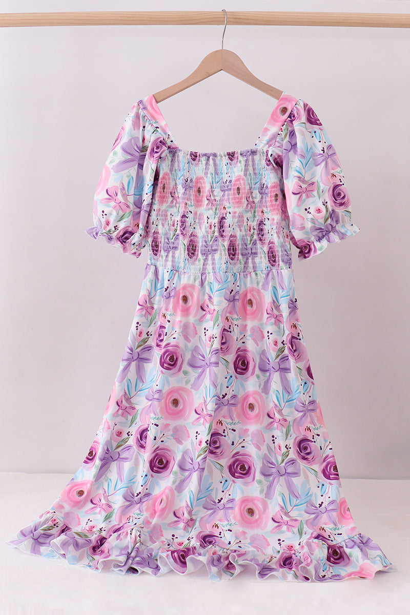 Purple smocked floral dress - ARIA KIDS